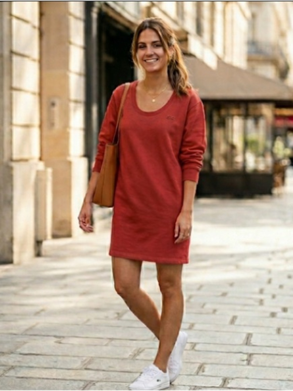 Lacoste Oversized Sweatshirt Mini Dress in Washed Red size 38/US Medium